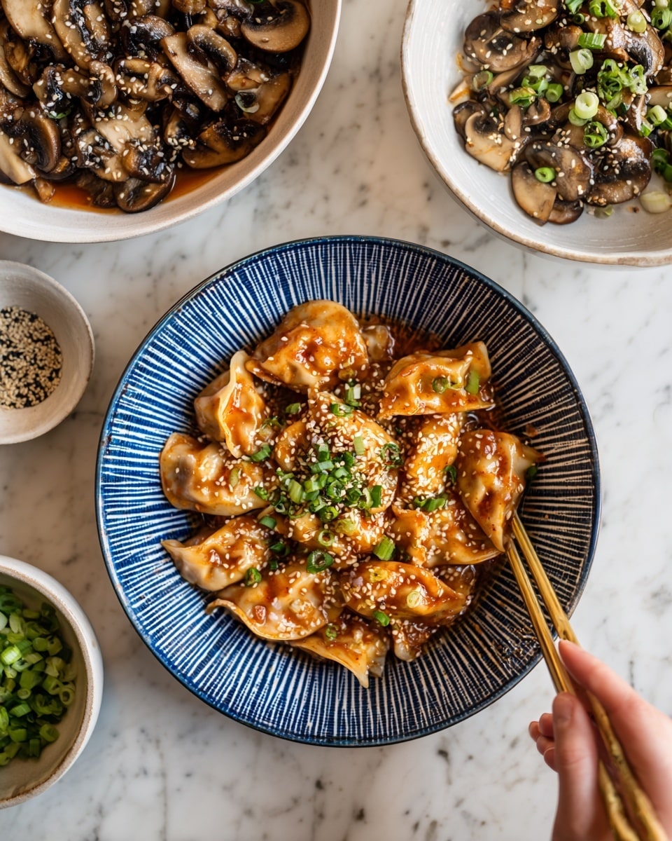 A bowl with a blue checkered pattern holds dumplings covered in a reddish sauce, sprinkled with white sesame seeds and chopped green onions, filling the bowl almost to the rim. To the left, a white bowl partially shows dumplings mixed with sliced mushrooms in a brown sauce. At the bottom left, a white bowl holds chopped green onions with a few sesame seeds scattered on top. A woman's hand is holding golden chopsticks near the blue bowl. All bowls rest on a white marbled surface. photo taken with an iphone --ar 4:5 --v 7