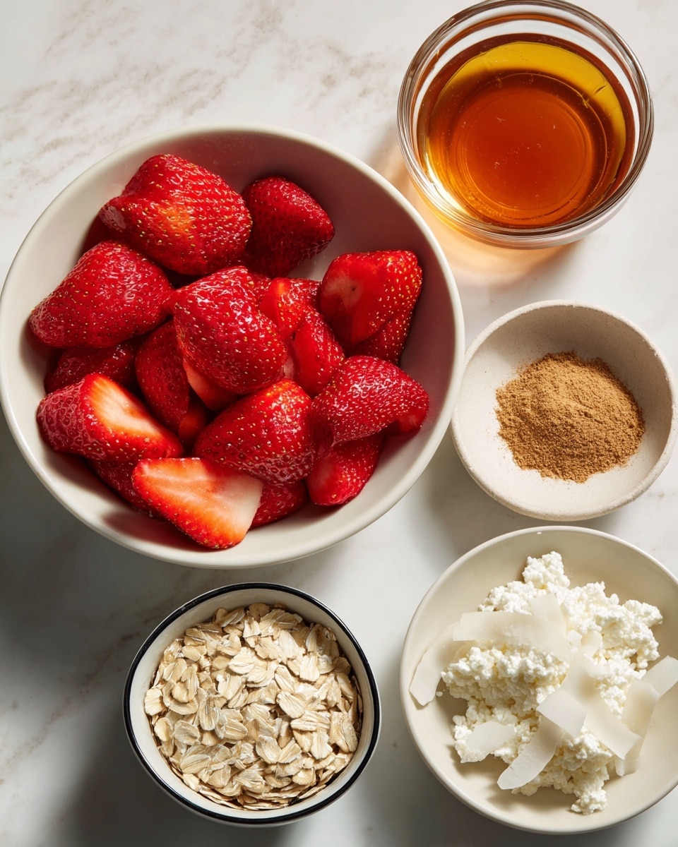 A white bowl is filled with bright red, sliced strawberries showing a juicy texture with seeds visible on their skin. Above the bowl, a small glass bowl holds amber-colored maple syrup with a smooth surface. To the right, a shallow white dish contains a small mound of brown cinnamon powder with a soft powdery texture. To the left, there is a small glass bowl filled with old fashioned oats, showing their light beige, flaky texture. Below, a white bowl with a thin black rim is filled with white cottage cheese that has a soft and lumpy texture. To the right, a small white bowl is filled with creamy white coconut flakes that show thin, unevenly shaped pieces. All are placed on a white marbled textured surface. photo taken with an iphone --ar 4:5 --v 7