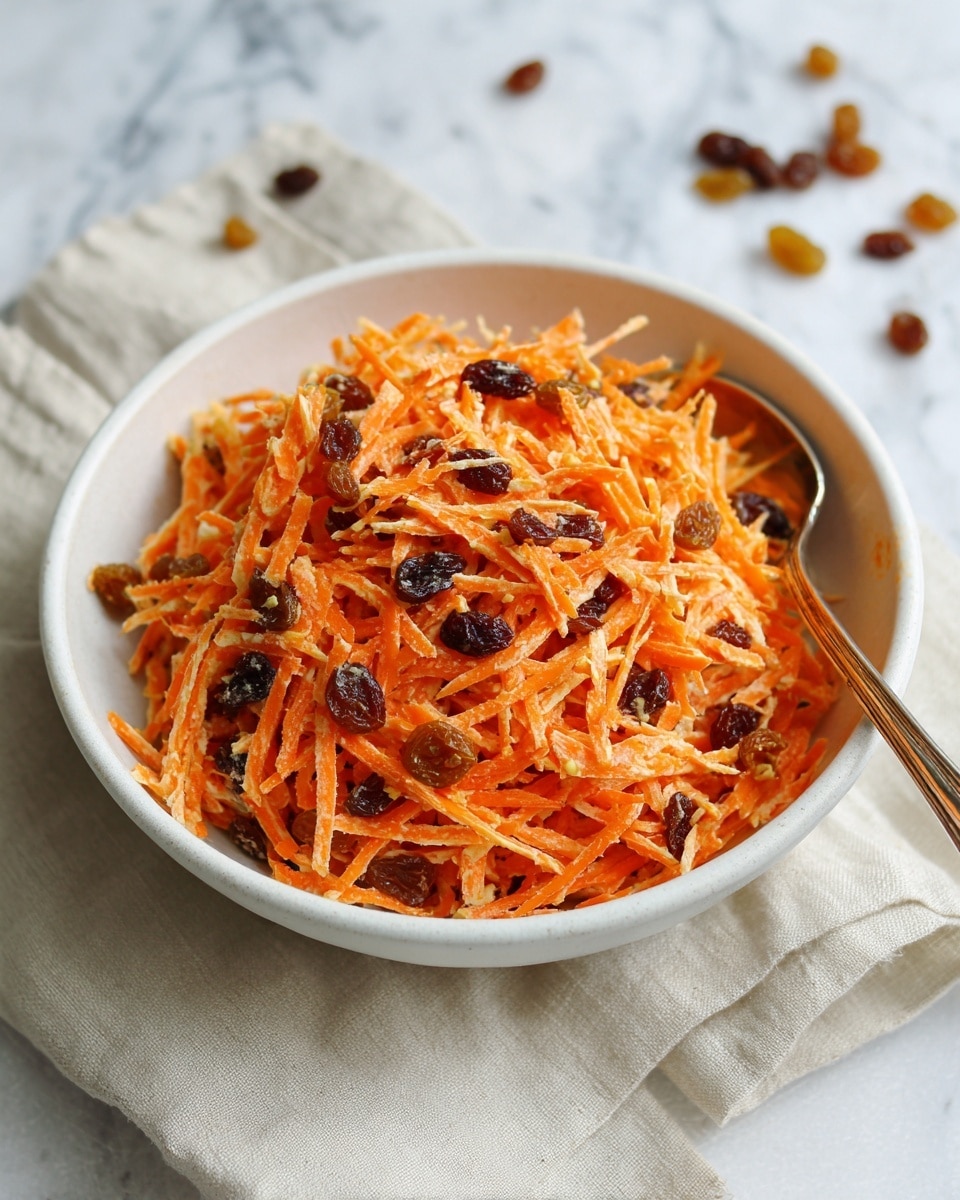 In the image, there is a white bowl filled with a shredded orange salad that looks creamy and soft. Mixed in with the shredded layers are small dark raisins, spread evenly throughout. A silver spoon is lifting a scoop of the salad, showing more of the creamy orange texture and dark raisin bits. In the background on the white marbled surface, there is a small white bowl with more raisins inside. The whole scene looks fresh and colorful with a focus on the creamy, shredded orange salad and raisins combination photo taken with an iphone --ar 4:5 --v 7