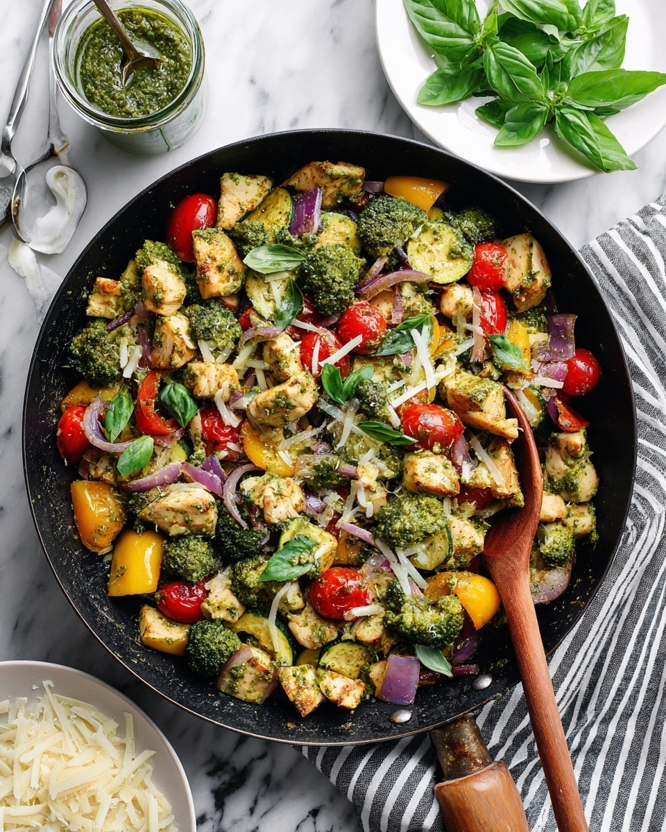 A black pan filled with a colorful mix of cooked vegetables and chicken pieces, where the chicken is light brown with a pesto green coating. The layers include green zucchini slices, yellow bell pepper chunks, bright green broccoli florets, red cherry tomato halves, and purple onion pieces. Shredded light yellow cheese is scattered on top, along with fresh, bright green basil leaves. The dish sits on a white marbled surface, with a white plate of cheese shavings visible in the top left corner. Photo taken with an iphone --ar 4:5 --v 7