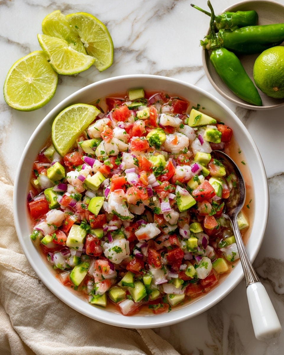 A white bowl filled with a colorful salad showing about five layers of mixed ingredients, starting with chunked white fish pieces, scattered bright green avocado cubes, small red tomato pieces, purple onion bits, and fresh green cilantro leaves, all mixed together with a light liquid dressing visible at the bottom; on the left edge of the bowl are two lime wedges adding a fresh green touch, with a silver spoon partially resting inside the bowl among the salad; the bowl sits on a white marbled surface photo taken with an iphone --ar 4:5 --v 7