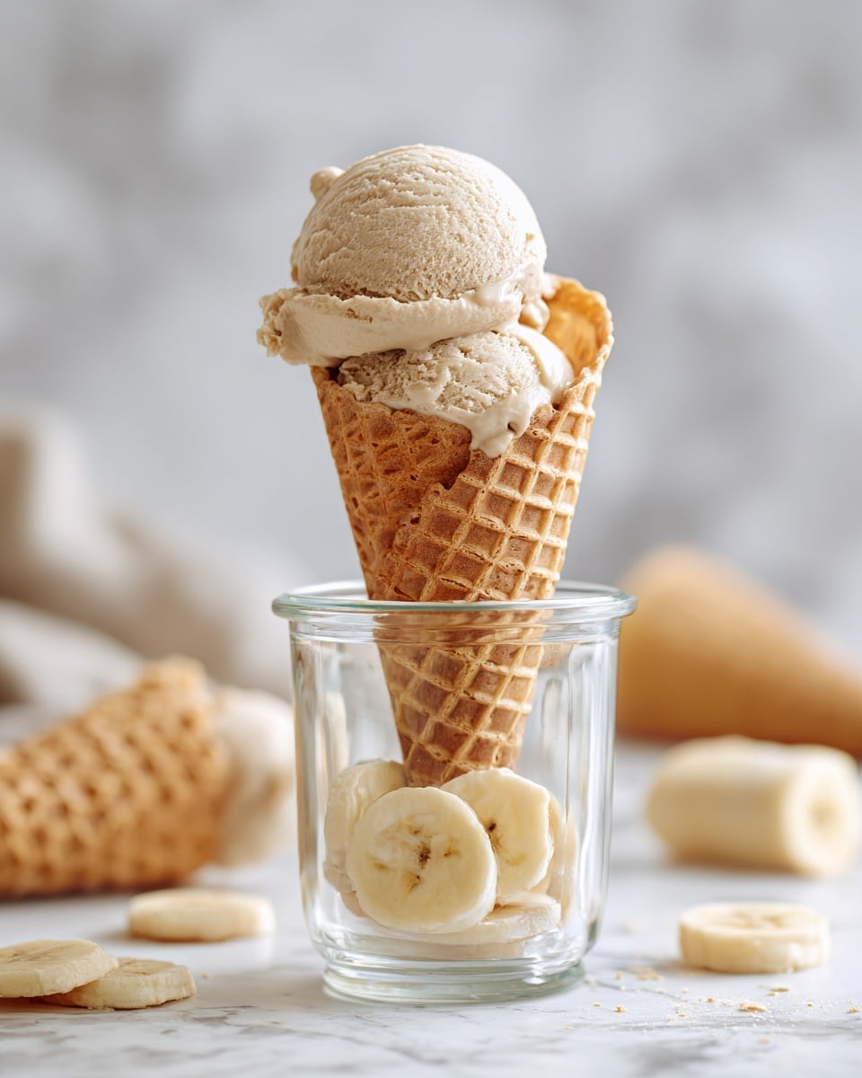 The image shows a light beige ice cream scoop with a smooth, slightly uneven texture on top of a light brown waffle cone with a clear diamond pattern. The cone is placed upright inside a transparent glass jar with a few banana slices at the bottom. The scene is set on a white marbled surface, with more cones and banana slices scattered softly in the blurred background. Photo taken with an iphone --ar 4:5 --v 7