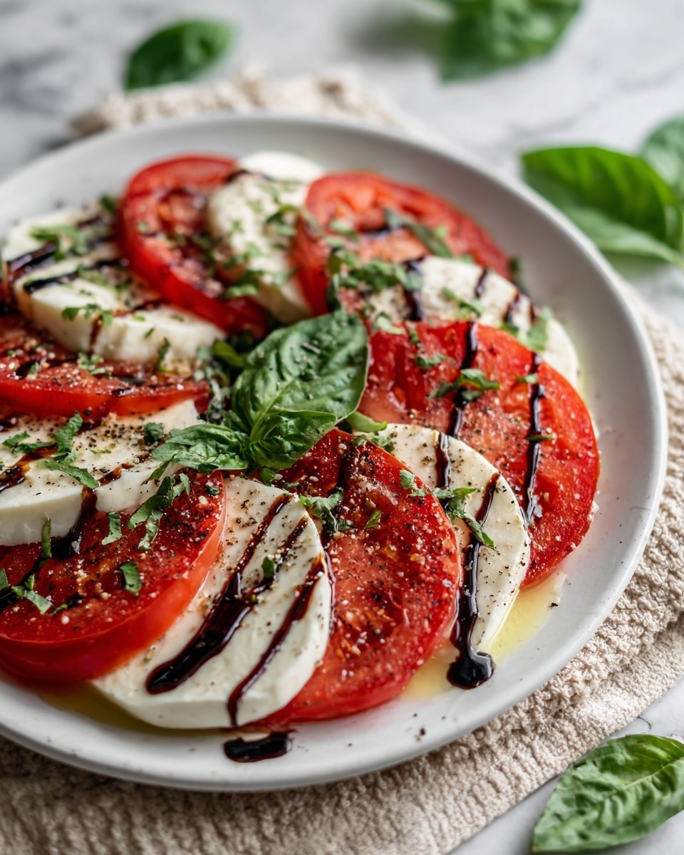 A white plate holds a neatly arranged caprese salad with alternating layers of thick, smooth white mozzarella slices and bright red tomato slices. Between the cheese and tomatoes, fresh green basil leaves are placed, adding a vibrant contrast. The salad is drizzled with dark balsamic glaze lines running across the layers, with a few small pieces of chopped basil sprinkled over the top, all set on a round wooden board. The background is a white marbled surface. photo taken with an iphone --ar 4:5 --v 7