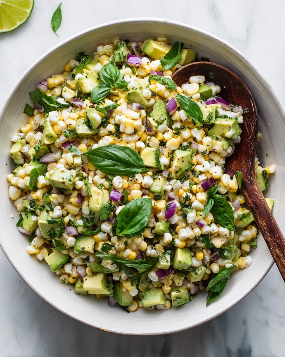 A white bowl filled with a three-layer salad showing white corn kernels, small light green avocado cubes, and small pieces of purple onion mixed with some green basil leaves scattered on top; the salad is being scooped up by a dark wooden spoon in the center of the image, all placed on a white marbled surface with a small lime wedge slightly visible at the back photo taken with an iphone --ar 4:5 --v 7