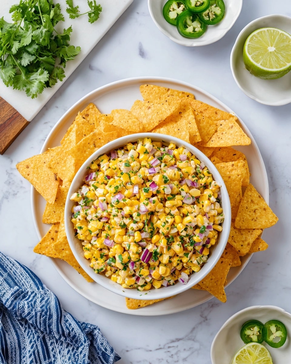 A white bowl filled with a colorful corn salad that has bright yellow corn kernels mixed with small pieces of red onion and green herbs, mostly cilantro. The corn salad has tortilla chips partially dipped in it, with more triangular yellow tortilla chips stacked around the bowl on a large white plate. Surrounding the plate are small white dishes with lime wedges and sliced green jalapeños. Fresh cilantro sprigs are placed on a white cutting board in the top left corner. The scene is set on a white marbled surface with a blue and white striped cloth napkin near the bottom left. photo taken with an iphone --ar 4:5 --v 7
