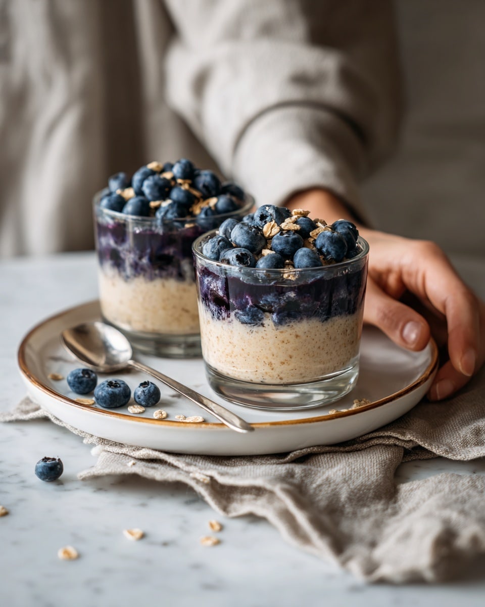 Two clear glass bowls filled with a layered breakfast dish sit on a white plate with a thin gold rim, placed on a white marbled surface. Each bowl shows one layer of creamy light beige milk mixed with oatmeal, topped with a thick layer of fresh, plump dark blue blueberries evenly spread on top. Some blueberries and small oat pieces are scattered around the plate and on the surface. A silver spoon rests inside the bottom bowl, and a woman’s hand is holding the rim of the plate. A small silver spoon lies beside the plate, and a beige cloth napkin is partially visible in the lower right corner. Photo taken with an iphone --ar 4:5 --v 7