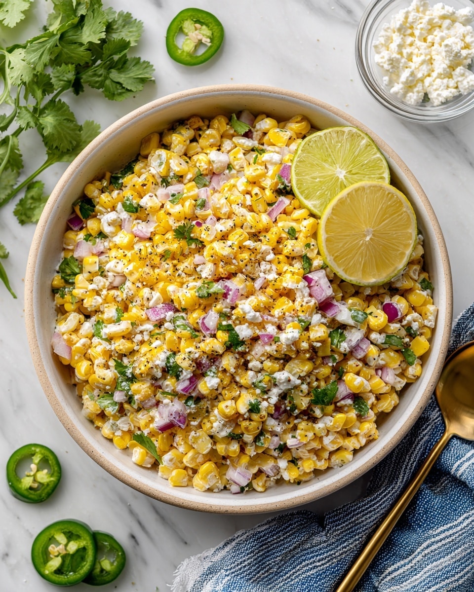 A large white bowl full of creamy yellow corn kernels mixed with small pieces of white cheese and bits of red onion, all combined with green chopped herbs spread evenly on top. Resting on the right edge of the bowl is a bright green half lime. The bowl sits on a white marbled surface with a white and blue striped cloth beneath it, a sliced green chili, and some scattered green herbs in the background. The textures show a mix of smooth creaminess and the slight crunch of the corn and onions. photo taken with an iphone --ar 4:5 --v 7