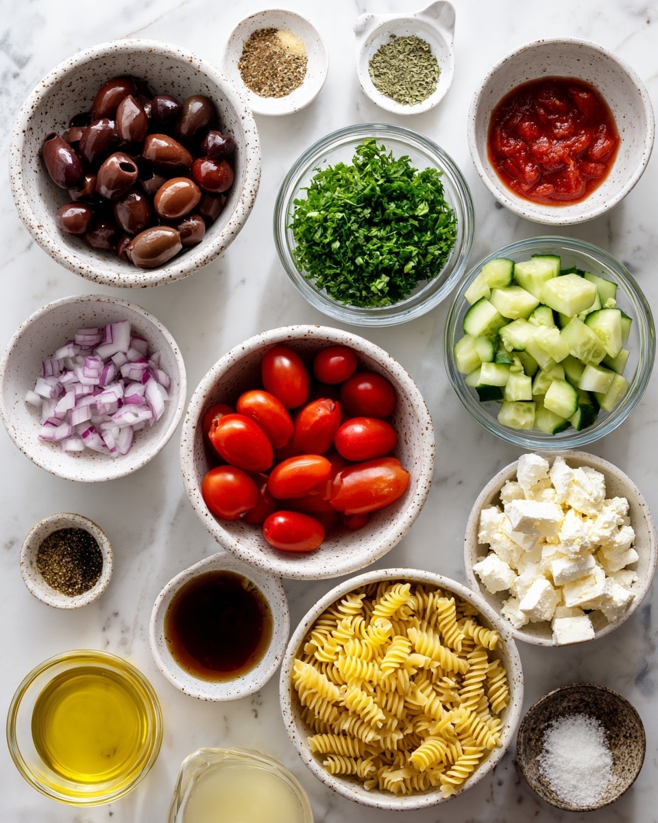 This image shows several small white bowls and glass containers arranged on a white marbled surface, each filled with different fresh ingredients. Starting from the top left, there is a speckled white bowl holding dark brown olives. Next to it on the right, a clear glass bowl filled with finely chopped green parsley. To the right, another clear glass bowl contains finely diced red onion. Below the olives, a white bowl holds halved and whole bright red cherry tomatoes. In the center, a speckled white bowl is filled with chopped cucumber in light green and white shades. Next to it on the right is another speckled white bowl with crumbled white feta cheese. Below the tomatoes, a white bowl contains yellow rotini pasta. On the right, a speckled white bowl has chopped green bell pepper. Below these bowls are small containers with red wine vinegar (reddish liquid), dried oregano (green flakes), ground black pepper (dark specks), and salt (white grains). At the bottom left, minced garlic sits in a small container. Next to it, a clear glass holds pale yellow lemon juice. In the center bottom, a small bowl holds Dijon mustard in light yellow color, and beside it, a clear glass with golden olive oil. The scene appears clean and bright, with all items neatly placed on the white marbled texture. photo taken with an iphone --ar 4:5 --v 7