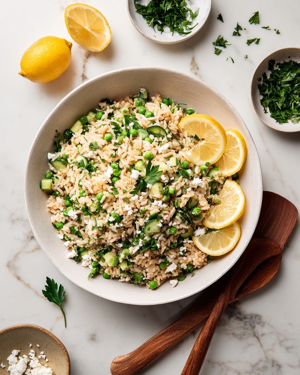 A white bowl filled with a mixture of light beige cooked rice, bright green peas, chopped dark green parsley, and medium green cucumber pieces, topped with small white crumbles of cheese. On one side of the bowl, there are three thin lemon slices with yellow rinds, light yellow flesh, and a few parsley leaves placed on top. Inside the bowl are two wooden salad utensils, one fork, and one spoon, with a light brown color. Around the bowl on a white marbled surface, there are small white bowls with chopped parsley and white cheese, along with lemon wedges and loose parsley sprigs nearby. Photo taken with an iphone --ar 4:5 --v 7