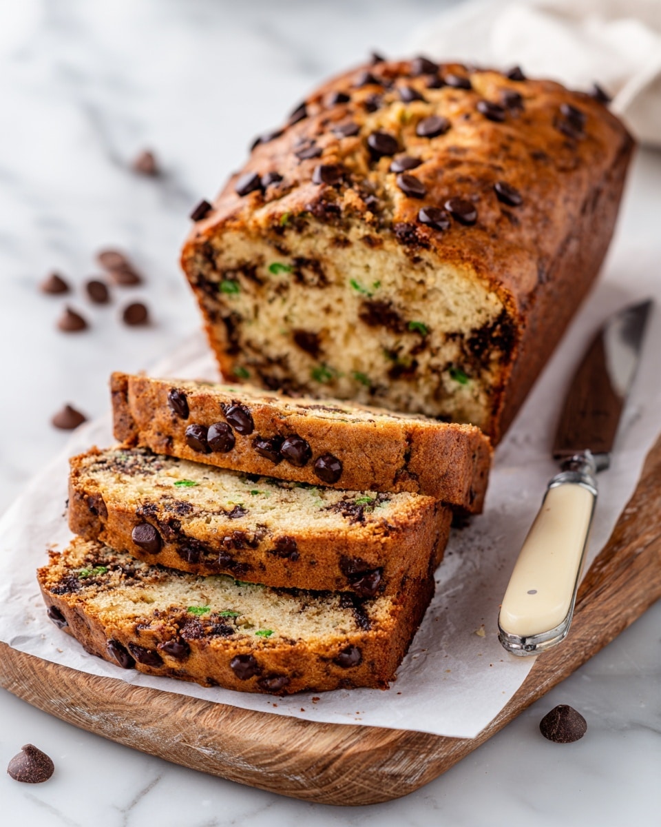 Two slices of brown cake with dark chocolate chips inside and on the sides are stacked on a white speckled plate. The cake texture looks soft and moist with visible green bits inside. In the background, a whole cake with one cut slice sits on a wooden board with white paper under it, topped with more chocolate chips. Next to the cake on the board is a knife with a light wooden handle. A glass with beige-colored milk coffee and a white cup behind are placed on a white marbled surface. Scattered chocolate chips are also visible near the plate. Photo taken with an iphone --ar 4:5 --v 7