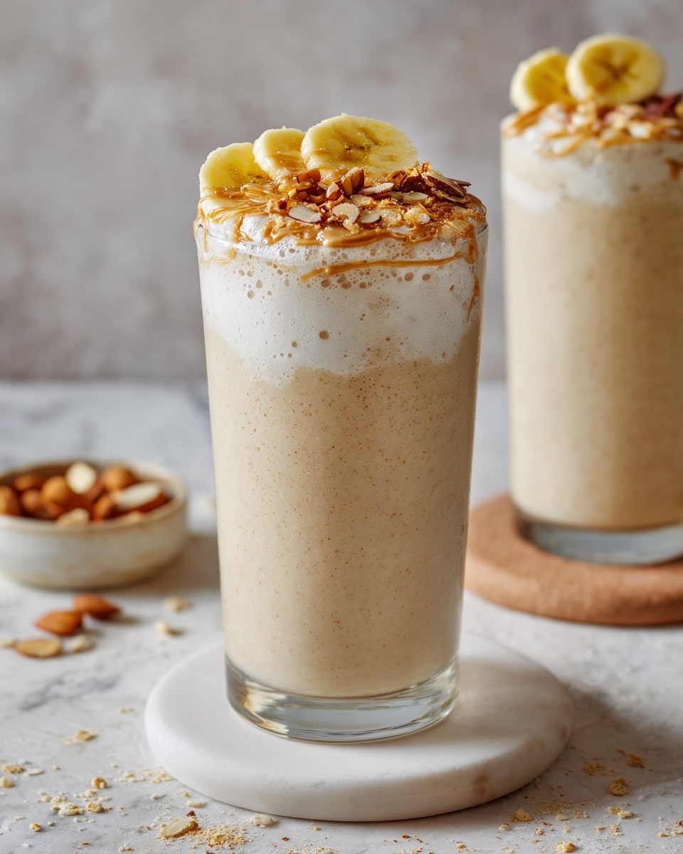 Two tall glasses filled with a light beige banana smoothie sit on a round wooden board over a white marbled surface. Each glass is topped with swirls of brown nut butter, small bits of chopped almonds, and a slice of banana, creating a layered look with creamy and textured elements. Surrounding the glasses, there are whole almonds, banana slices, a bunch of yellow bananas, and a small white bowl of nut butter, adding natural props to the scene. Photo taken with an iphone --ar 4:5 --v 7