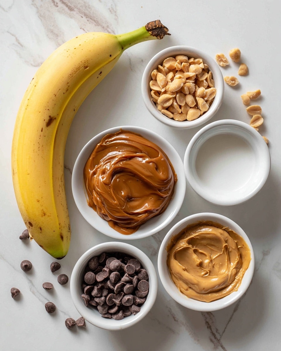 A fresh yellow banana with a slight green tip lies on a white marbled surface. Around it are five small white bowls, each holding different ingredients: one bowl is filled with light brown chopped peanuts, another with dark brown chocolate chips, one contains smooth, glossy brown date caramel, another holds creamy tan peanut butter with a few swirls, and the last bowl has white coconut oil with a soft, solid texture. The scene is clean, simple, and bright, with all items clearly visible from above. photo taken with an iphone --ar 4:5 --v 7