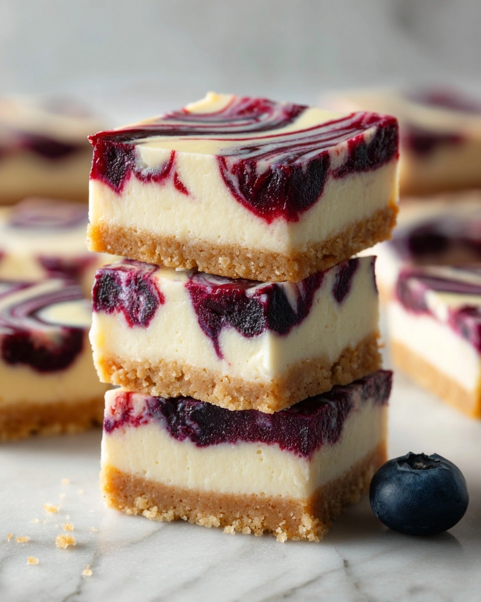 The image shows four dessert bars stacked vertically on a white marbled surface. Each bar has three layers: a bottom crumbly light brown crust, a thick middle layer of creamy off-white filling, and a top layer with swirling dark purple and bright berry red patterns creating a marbled effect. The edges of the bars are clean, showing the clear divisions between the layers, and more bars can be seen blurred in the background, also with the same color pattern. A fresh blueberry lies near the bottom right corner of the image. The photo taken with an iphone --ar 4:5 --v 7