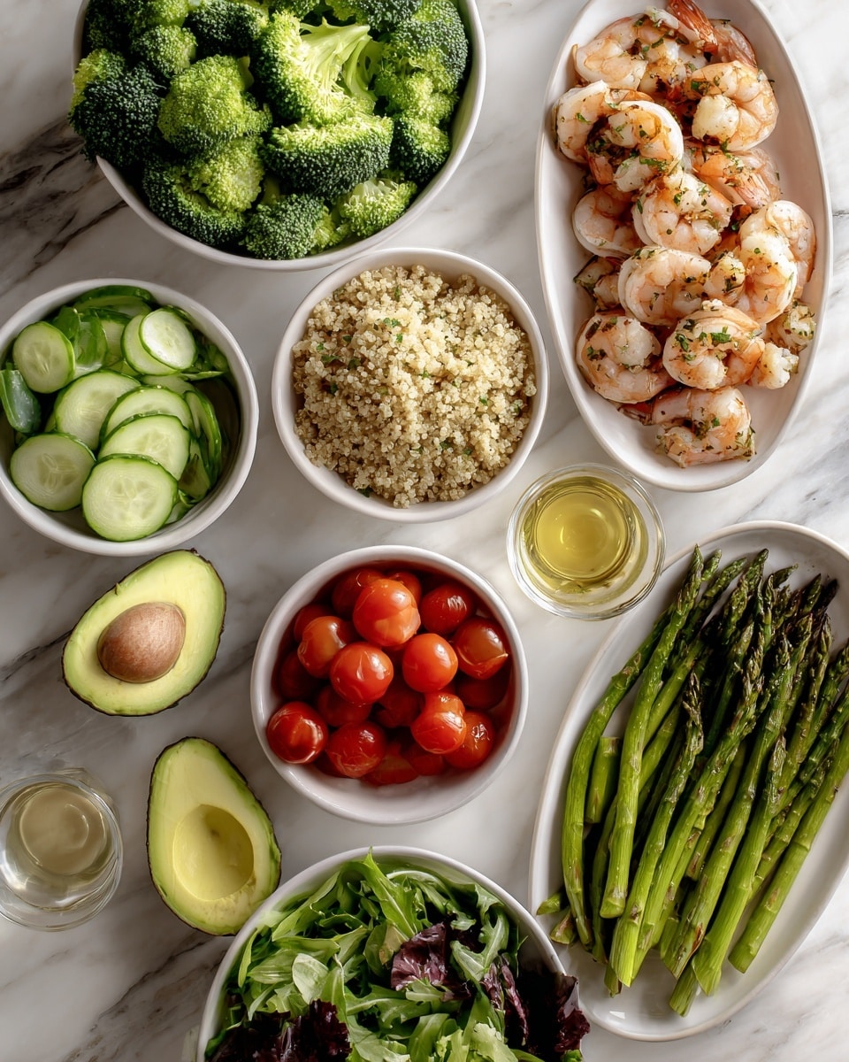 The image shows several white bowls and plates arranged on a white marbled surface, each containing different fresh ingredients. At the top left, a bowl is full of fresh green broccoli florets. To the right, a round white plate holds a pile of grilled shrimp with a pinkish color and some herbs visible. In the center, an oval white bowl contains cooked quinoa with a light brown color. Below that, a round white bowl is filled with halved cherry tomatoes in a vibrant red color. On the right side, a round white plate holds roasted green asparagus spears. At the bottom left, a bowl contains sliced cucumbers with visible seeds and a pale green color. Nearby, a cut avocado shows its green flesh and brown seed in two halves. At the bottom right, a larger bowl contains a mix of fresh spring salad leaves with green and some dark purple leaves. In the middle bottom, a small clear glass holds a light yellow liquid labeled oil and vinegar. All the food looks fresh and colorful. Photo taken with an iphone --ar 4:5 --v 7