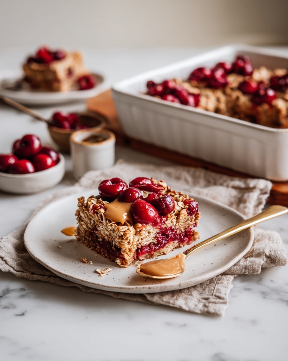 A white square baking dish contains a baked oat cherry dish with a golden-brown top layer of oats mixed with bright red cherries, some whole with stems and some halved showing their shiny, juicy inside. The dish is partially scooped out in the bottom right corner, revealing the moist texture inside. Two dollops of light brown nut butter sit on top of the oat cherry mixture, dusted lightly with cinnamon. A wooden spatula rests in the dish near the scooped section, and bright red cherries are scattered around the dish on a white marbled surface. A small white cup with honey and a wooden honey dipper sit beside the dish. photo taken with an iphone --ar 4:5 --v 7
