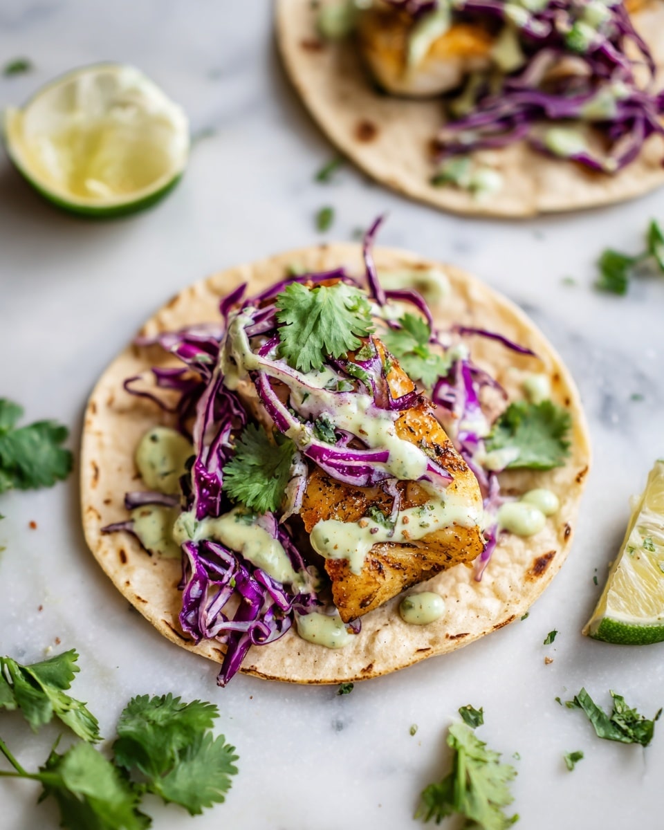 A taco is shown on a white tortilla placed on a white marbled surface topped with three main layers. The bottom layer consists of light-colored cooked fish pieces with a slightly flaky texture. On top of the fish, there is a generous amount of bright purple shredded cabbage spread unevenly. The highest layer is a light green creamy sauce grouped mostly near the back of the taco, accented with fresh green cilantro leaves scattered on both the sauce and cabbage. A lime wedge sits near the taco on the surface. Photo taken with an iphone --ar 4:5 --v 7