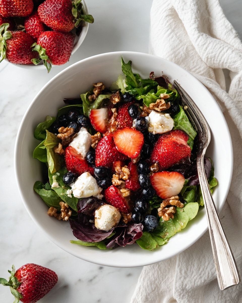 A fresh salad in a white bowl shows a base layer of green leafy lettuce with mixed textures and shades, topped with bright red strawberry slices and small round dark blueberries. White crumbles of soft cheese and clusters of brown walnuts are scattered evenly on the salad. Above it, a woman’s hand pours a light green salad dressing from a small glass jar, captured mid-pour. The whole scene sits on a white marbled surface with a soft and bright background. Photo taken with an iphone --ar 4:5 --v 7