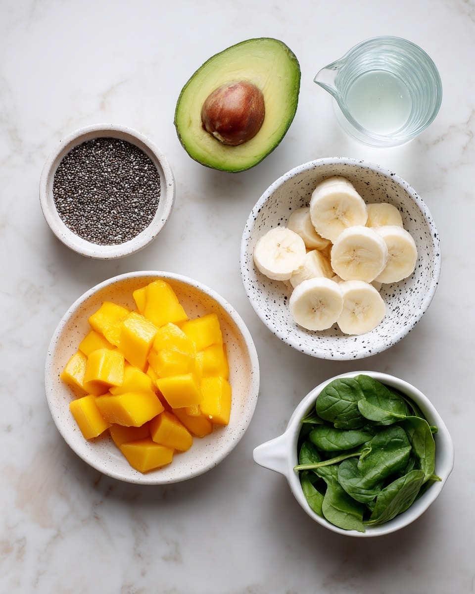 The image shows six ingredients placed on a white marbled surface. There is a half avocado with green flesh and dark skin on the top left. Below it, a small white bowl contains black chia seeds with a rough texture. Next to it on the right, a white bowl with black spots is filled with sliced frozen banana that is pale yellow and smooth. Under the chia seeds, a larger white bowl holds bright orange frozen mango cubes with a soft texture. To the right of the frozen mango, a white bowl with a pink interior contains fresh baby spinach leaves that are bright green and smooth. On the bottom right, a white bowl with a spout and black spots is filled with clear coconut water. All items are spaced apart clearly on the surface. Photo taken with an iphone --ar 4:5 --v 7