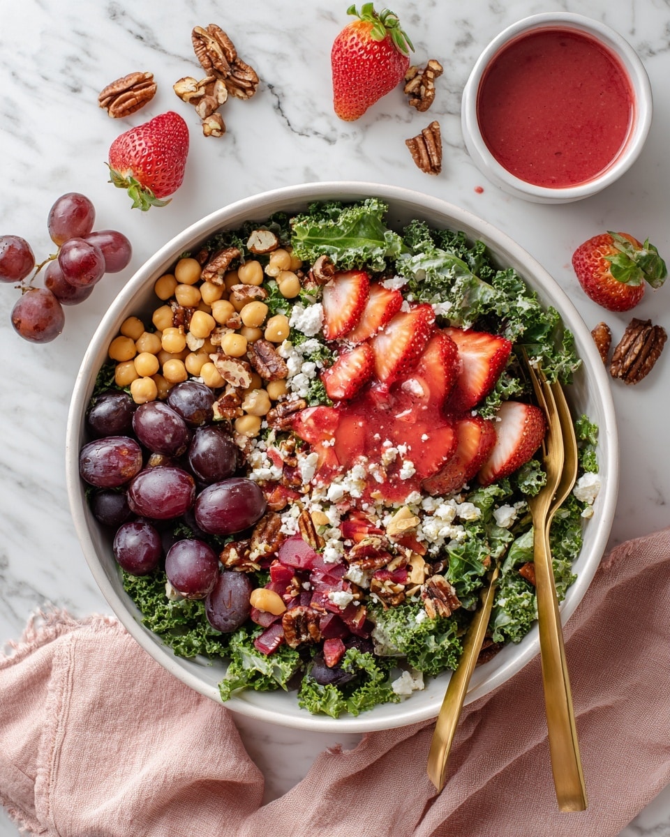 A white bowl filled with a salad that has five visible layers: the bottom layer is dark green leafy kale, on the left top half there are red and purple grape halves, below that white crumbled cheese sprinkled with red sauce drops, the bottom middle layer has chopped brown pecans, the right top half is light beige chickpeas with red sauce drizzled on top, and the bottom right side has bright red and orange sliced strawberries; a white spoon held by a woman's hand is holding red sauce above the chickpeas, with two small bowls in the blurred background containing red sauce and more pecans, all set on a white marbled surface photo taken with an iphone --ar 4:5 --v 7