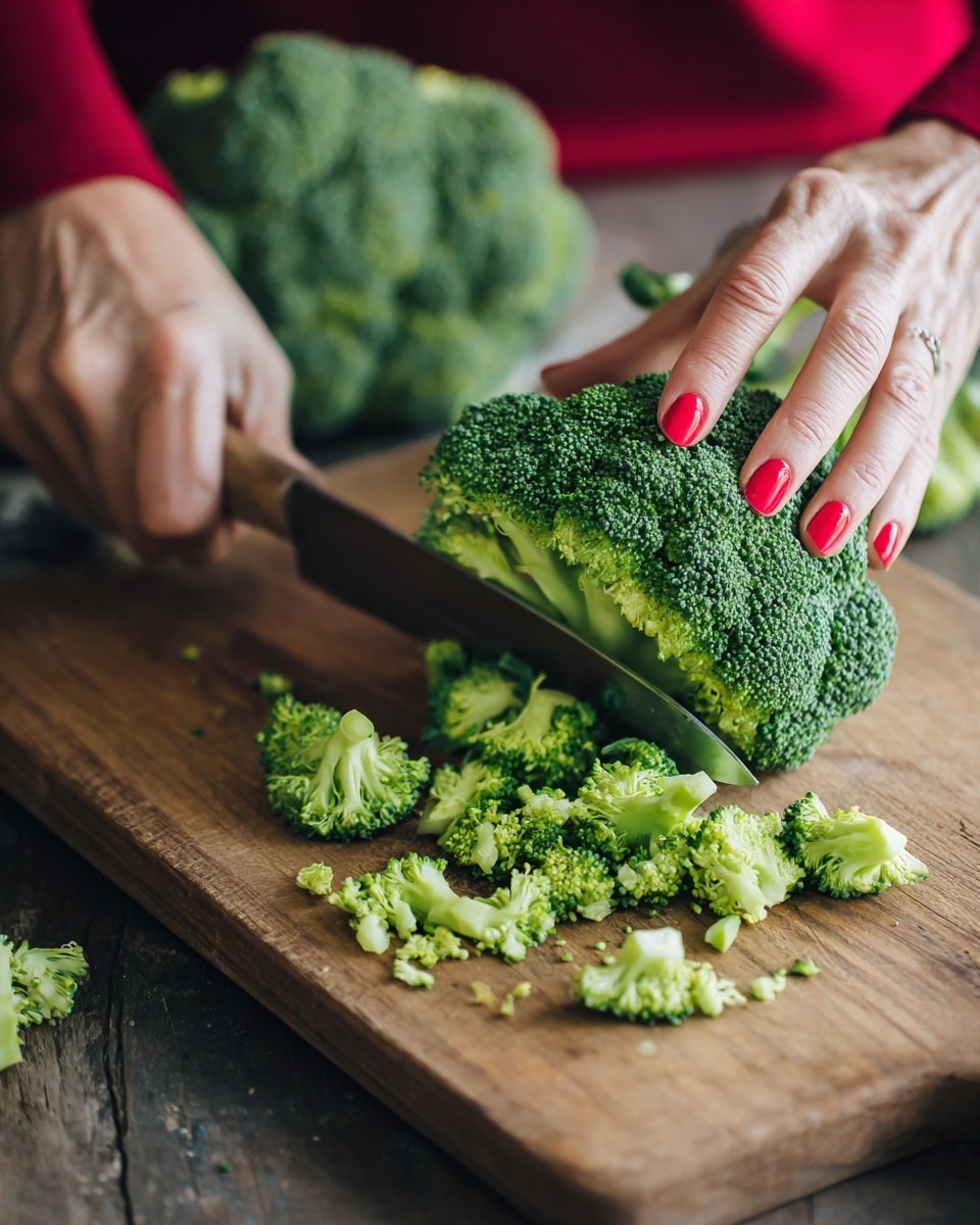 A close-up of a woman’s hand with red nails holding a large piece of bright green broccoli on a brown wooden cutting board, with a knife slicing through the broccoli. The board has small broccoli pieces scattered around, showing a mix of finely chopped and larger broccoli bits. In the background, there are a few whole broccoli pieces resting on the wooden board. The scene is lit naturally, highlighting the texture and vibrant green color of the broccoli. Photo taken with an iphone --ar 4:5 --v 7