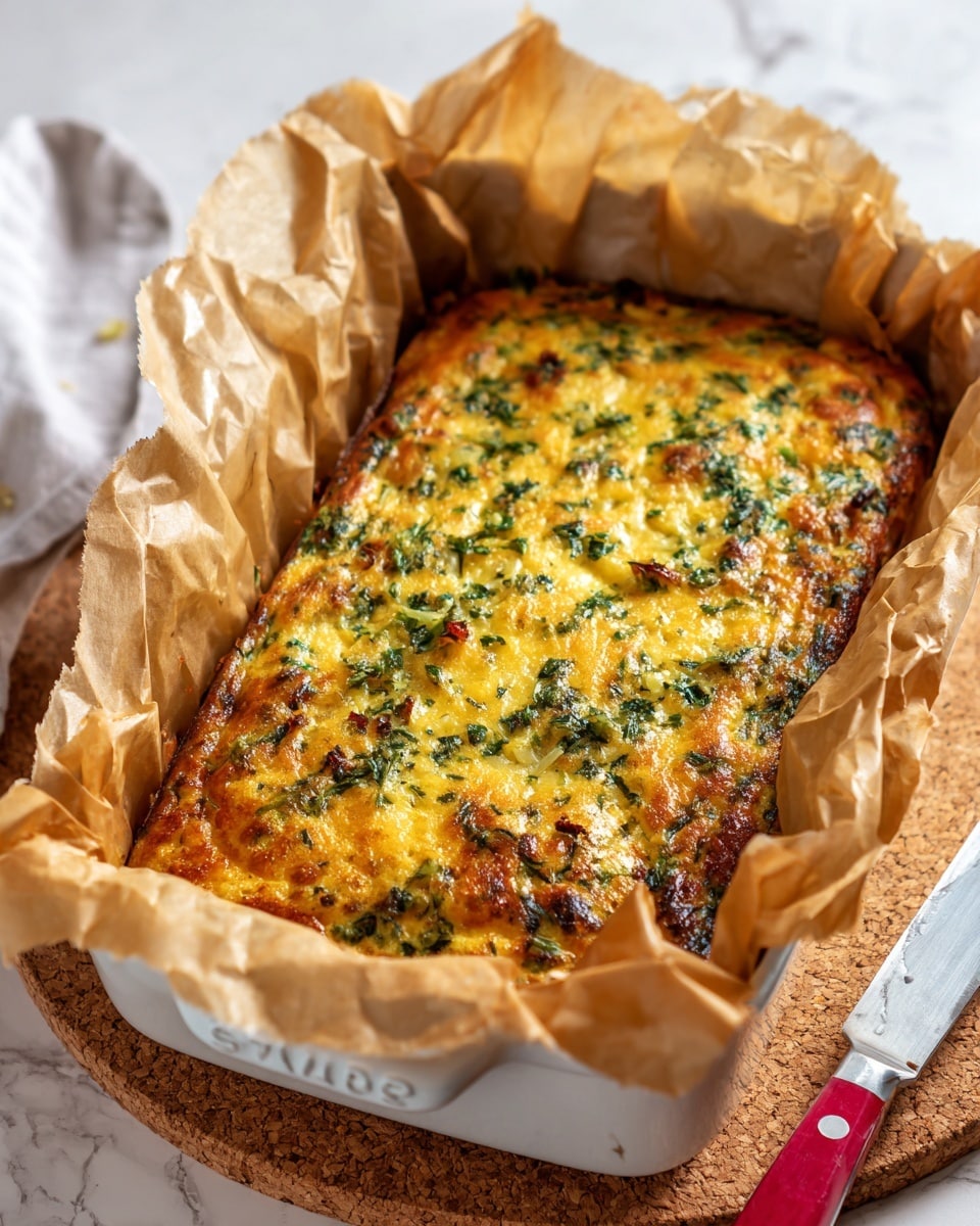 A rectangular baked dish with a golden brown top layer that looks like a baked egg casserole with green herbs mixed throughout. The casserole sits in a white Staub baking dish lined with brown parchment paper, with the edges of the paper folded slightly above the food. The top surface has a slightly uneven texture with darker brown spots and green herb bits spread across. The dish rests on a round cork mat placed on a white marbled surface, and a knife with a red handle is placed beside it. photo taken with an iphone --ar 4:5 --v 7