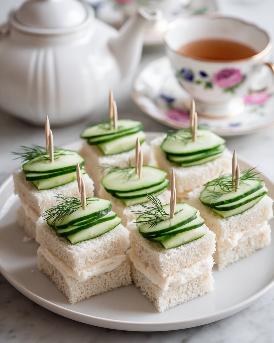 The image shows a two-tier white marble cake stand with small finger sandwiches on the bottom tier and a stack of rectangular shortbread cookies on the top tier, with a bright red raspberry placed beside the cookies. Each sandwich has two layers of soft white round bread with visible green herb cream filling, topped with a thin green cucumber slice and a small sprig of dill, each held together with a wooden pick. In the background, there are blue and pink floral patterned teacups and saucers, set on a white marbled surface. The scene is bright and clean, emphasizing the delicate details of the sandwiches and cookies. photo taken with an iphone --ar 4:5 --v 7