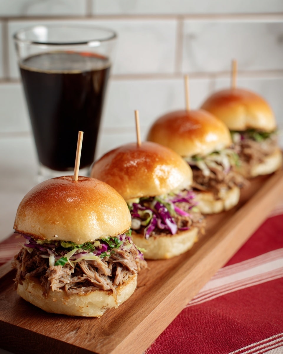 Four small sandwiches are placed in a row on a wooden stand with short legs. Each sandwich has a soft, golden-brown bun with shredded meat and bits of purple cabbage and green herbs inside. A wooden stick is inserted into the top of each sandwich to hold it together. Behind the sandwiches is a glass with a dark liquid inside. The stand is on a white marbled surface with a white and red striped cloth partially visible underneath. The background shows white subway tiles. photo taken with an iphone --ar 4:5 --v 7