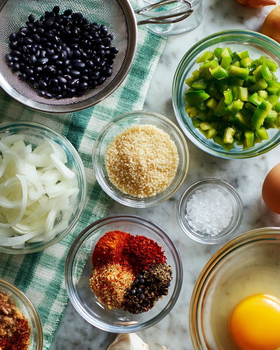 A top-down view shows several clear glass bowls and one metal strainer placed on a green and white checkered cloth. The metal strainer in the top left holds shiny black beans with a smooth texture. To the right, a small clear glass bowl contains bright green pieces of bell pepper with a glossy surface. Below it, another clear glass bowl holds a mix of red, orange, and brown powdered spices. A separate clear bowl near the center left has white, layered slices of onion. In the lower middle, a bigger clear bowl is filled with fine, light beige breadcrumbs. Nearby, a tiny white dish holds small piles of black pepper and salt. To the right, a clear small bowl contains two pale garlic cloves. In the bottom right corner, there is a clear bowl with a raw egg showing a bright yellow yolk and translucent white. The entire setting is on a white marbled surface photo taken with an iphone --ar 4:5 --v 7