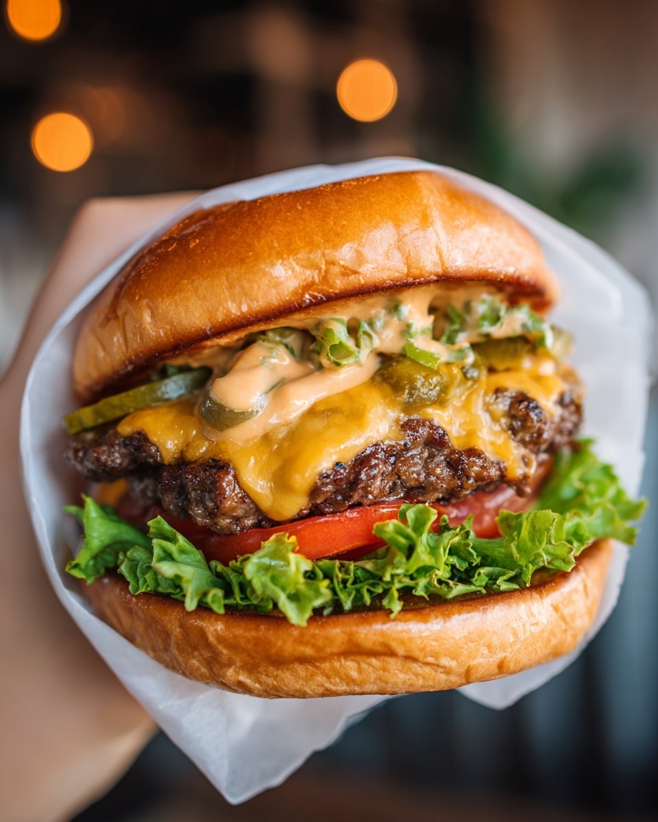 A close-up of a burger held by a woman's hand wrapped in white paper, showing five visible layers: a shiny golden toasted top bun with a soft texture, beneath it two thick brown patties with small green and black bits inside, each topped with melted orange cheese that glistens and slightly drips; above the patties, a layer of creamy light orange sauce covering green pickle slices, and below them fresh red tomato slices and bright green leaf lettuce on the bottom golden toasted bun, all captured against a blurred warm background, photo taken with an iphone --ar 4:5 --v 7