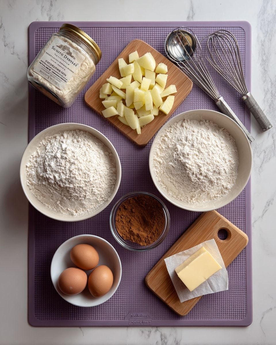 The image shows baking ingredients arranged neatly on a purple silicone baking mat placed on a white marbled surface. There are two white bowls filled with flour, one on the left and the other on the right. In the middle, there is a small clear glass bowl with a brown powder mixture, and below it, a small white bowl holding two brown eggs along with a small metal whisk next to it. A block of butter sits partially wrapped in paper at the lower right corner. Above these ingredients is a small wooden cutting board holding diced pale yellow apple pieces, and to the upper left, there is a glass jar labeled