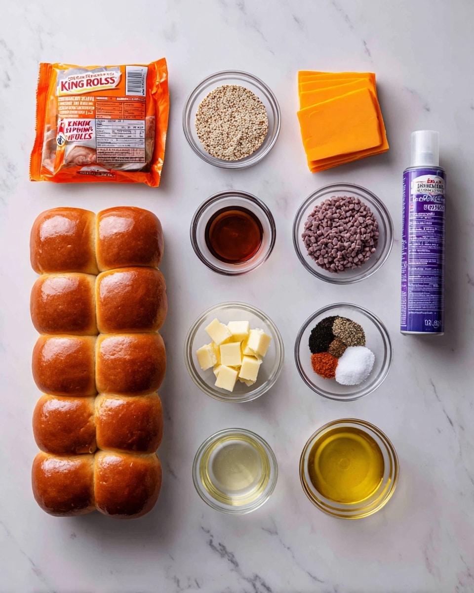 The image shows ingredients arranged neatly on a white marbled surface. On the left is a full pack of King's Hawaiian sweet rolls in orange packaging with red and white labels. To the right of it are individually wrapped purple-packaged sliced medium cheddar cheese slices, followed by a small roll of ground beef with label visible. Above these are five small clear glass bowls, from left to right containing a dark brown liquid, mixed sesame seeds, light-colored mayonnaise, light yellow butter cubes, and a mix of red, black, white, and pale yellow spices. Below the spice bowl are two other small clear bowls holding a pale yellow liquid and clear vegetable oil. On the far right is a blue and white can of vegetable oil spray. photo taken with an iphone --ar 4:5 --v 7