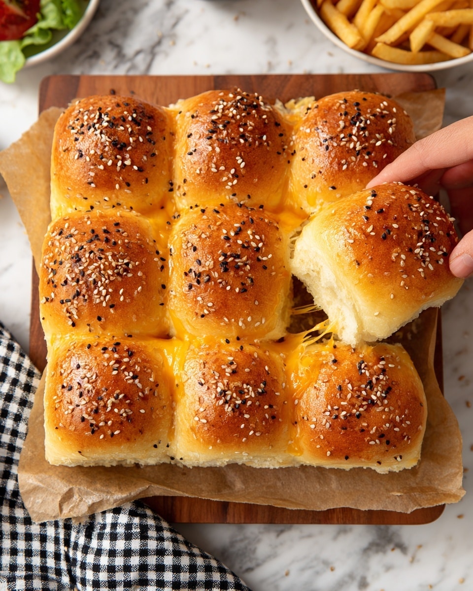 A close-up view of a square set of 12 soft dinner rolls topped with scattered coarse seeds in light brown and black colors, arranged closely on light brown parchment paper over a wooden board. The rolls have a shiny, golden-brown surface. One roll is pulled away by a woman's hand from the top right corner, showing a stretch of melted orange-yellow cheese between the separated pieces. Around the board, there are a few scattered coarse seeds and some fries on the top right edge. The background has a white marbled texture with a folded checkered cloth in black and white near the bottom right corner. Photo taken with an iphone --ar 4:5 --v 7