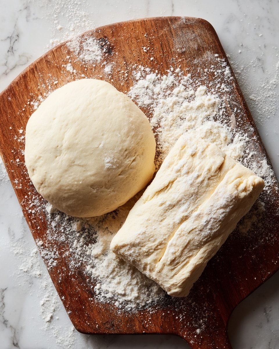 The image shows two pieces of dough on a wooden board sprinkled with white flour. On the left side, there is a round, flattened dough with smooth edges and a pale creamy color. On the right side, there is a rectangular dough piece with folded layers visible, showing a slightly uneven texture and the same light color as the round dough. Both dough pieces have a soft, slightly shiny surface and are placed on the brown wooden board with scattered flour around them. The background features a white marbled texture photo taken with an iphone --ar 4:5 --v 7