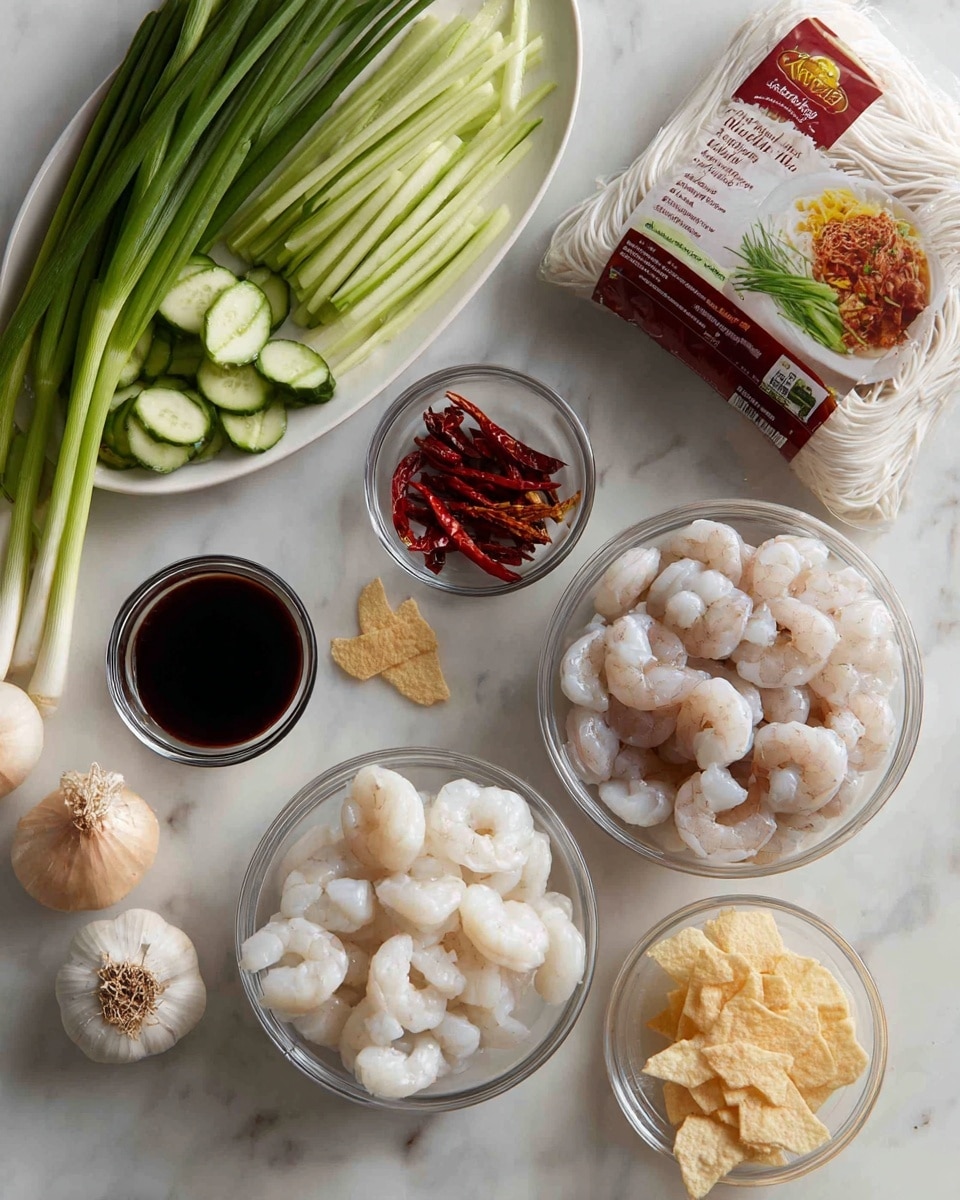 A white marbled surface with several clear glass bowls filled with pale raw shrimp, light brown crab meat, and dark brown sauce. There is a red and white package of dried rice stick noodles showing an image of shrimp on the front. To the left, a white oval plate holds bright green chives, light green sliced cucumber, and white bean sprouts. Nearby are whole garlic bulb and light brown shallot, with several red dried chili peppers and two small torn pieces of light yellow crispy crackers. Photo taken with an iphone --ar 4:5 --v 7