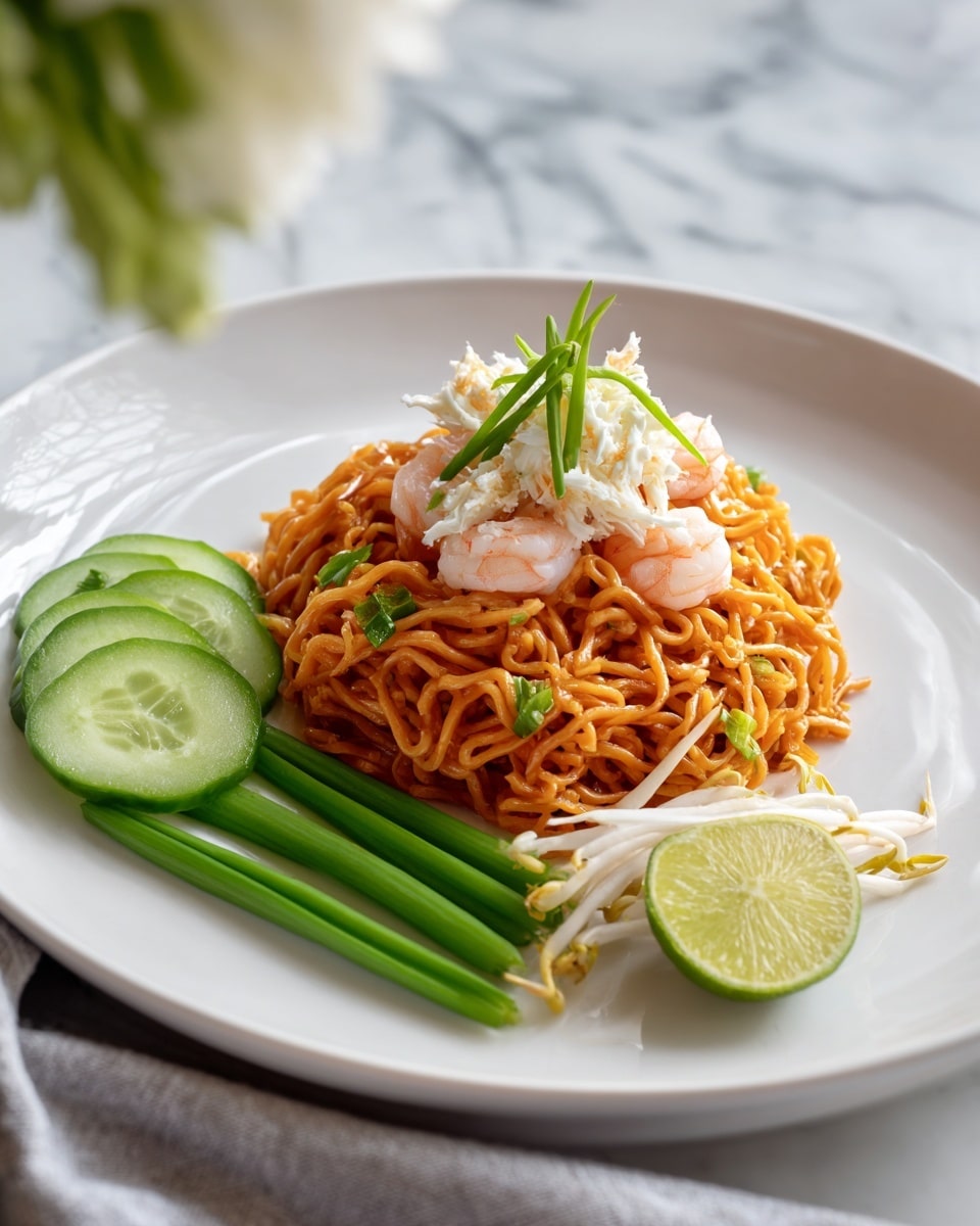 A white round plate holds a neat pile of orange noodles in the center, mixed with bits of green beans. On top of the noodles sits a small amount of shredded white crab meat. To one side of the noodles, there are three light pink cooked shrimp resting close together. Next to the shrimp, there are thick slices of green cucumber fanned out, and close to the cucumber is a fresh lime wedge showing its pale green inside. On the other side of the noodles, there is a small bunch of pale bean sprouts with thin white stems and small yellow tips. Two long green pieces, possibly green beans or snow peas, lean against the noodles on the far side. A woman's hand with a gray apron is in the background against a white marbled surface photo taken with an iphone --ar 4:5 --v 7