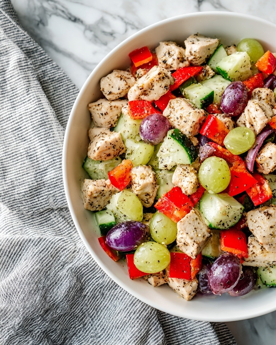 The image shows a close-up view of a bowl filled with a mixed salad. The salad has several layers of ingredients: chunks of light beige cooked chicken pieces, bright red diced bell peppers, pale green cucumber cubes, green and purple grape halves, all mixed together and sprinkled with coarse black pepper. The bowl is white and placed on a white marbled textured surface with a gray and white striped cloth partly visible underneath. The textures range from the smooth juicy grapes to the slightly rough chicken pieces, creating a fresh and colorful mix photo taken with an iphone --ar 4:5 --v 7