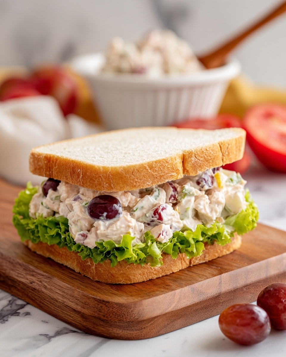 A sandwich on a white bread slice with two layers: the bottom layer is fresh green lettuce, and the top layer is a chunky white chicken salad mixed with small pieces of red and yellow bell pepper, and dark purple grapes, all inside two slices of white bread. The sandwich sits on a wooden cutting board with a blurred background showing tomato slices, a wooden spoon with chicken salad, and a white bowl also filled with chicken salad, all placed on a white marbled surface. photo taken with an iphone --ar 4:5 --v 7