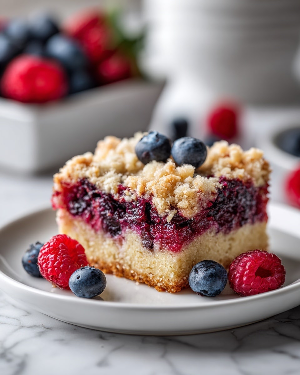 A close-up view of a square piece of light yellow cake with visible bits of red raspberries and dark blueberries mixed throughout. The cake has a soft, crumbly texture with a lightly browned top. The piece is held above a larger white rectangular baking dish filled with similar squares of cake. The background shows some out-of-focus fresh raspberries and blueberries on a white marbled surface. Photo taken with an iphone --ar 4:5 --v 7