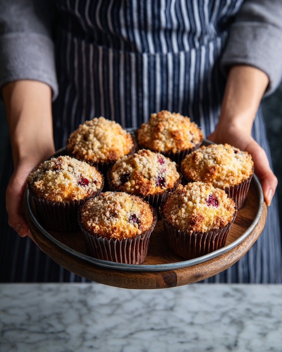 The image shows a wooden tray holding about nine muffins, each in a brown paper liner. The muffins have two layers: a golden-brown base with dark purple spots of blueberries, and a crumbly, light beige streusel topping that looks crunchy and uneven. The muffins are piled closely together, filling the tray. The background is blurred, making the muffins the main focus, and the surface beneath the tray is a white marbled texture. Photo taken with an iphone --ar 4:5 --v 7