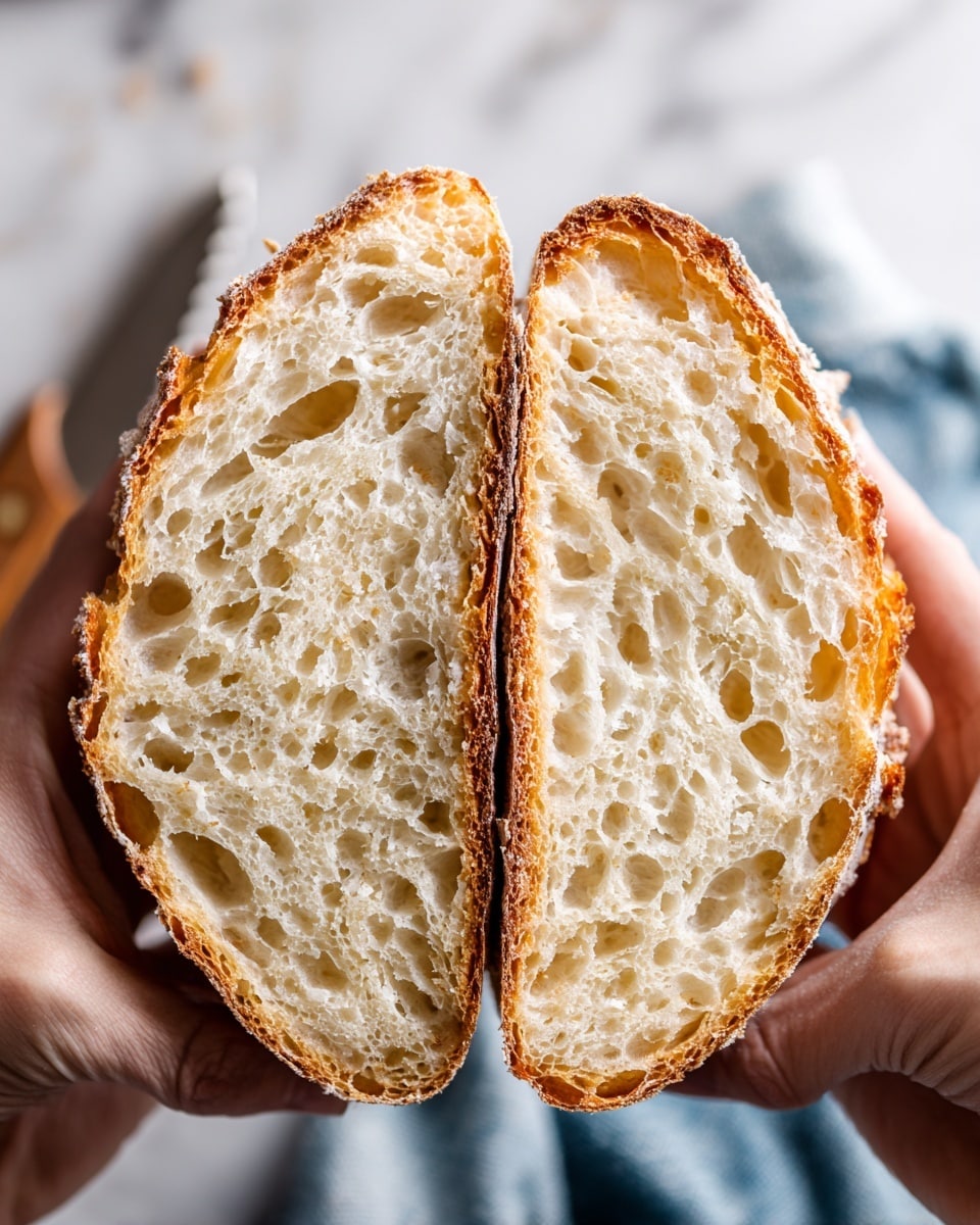 A close-up image showing two halves of a loaf of bread being held by both hands, with a soft and airy white inside full of small and big holes. The crust is thin, golden brown, and slightly crispy, surrounding the soft bread inside. The background shows a white marbled texture surface with a blue and white cloth and a serrated knife resting on the side. Photo taken with an iphone --ar 4:5 --v 7