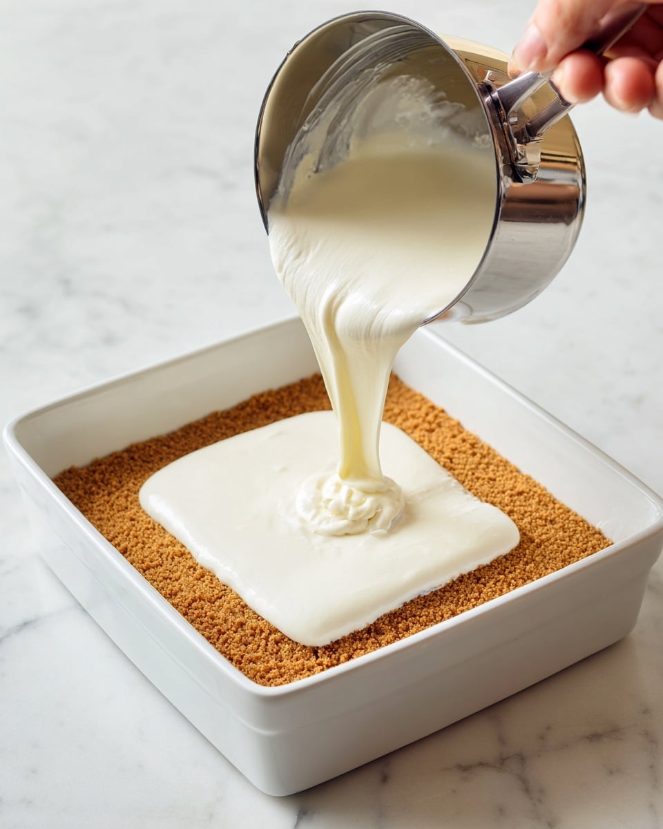 A white rectangular dish holds two layers: the bottom layer is a golden brown crumb base, flat and compact, and the top layer is a thick white creamy mixture being poured in from a shiny metal pot held by a woman's hand. The creamy layer is smooth and soft, spreading gently over the crumb base, with a few small air bubbles visible. The dish sits on a white marbled surface. photo taken with an iphone --ar 4:5 --v 7