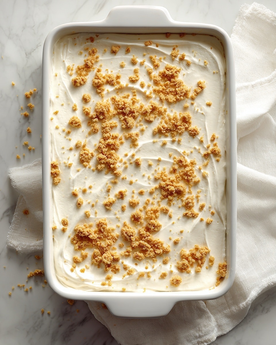 The image shows a square piece of creamy dessert with two layers on a white plate set on a white marbled surface. The bottom layer is a light brown crumbly crust. The top layer is thick, smooth, and white with a soft, airy texture, sprinkled with small brown crumbs scattered on top. A portion of the dessert is lifted on a fork held by a woman's hand, showing the same two layers close up. The overall look is clean and fresh with soft natural lighting. photo taken with an iphone --ar 4:5 --v 7