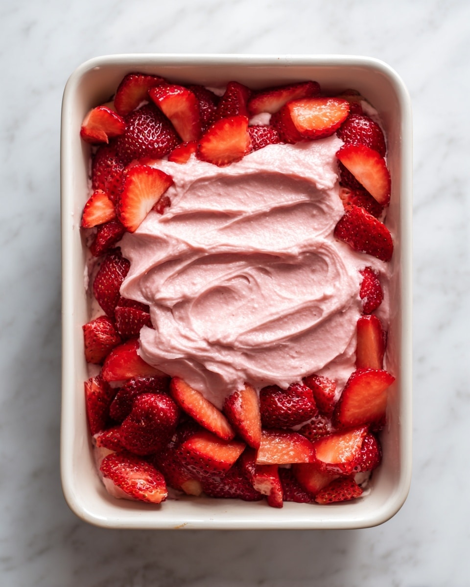 A white rectangular baking dish shows the first layer of bright red sliced strawberries evenly spread across the bottom. On top of the strawberries, a thick, smooth pink batter is being poured in a spiral from above, covering the fruit partially in the center. The strawberries around the edges are visible with their glossy texture contrasting the creamy batter. All of this is placed on a white marbled surface. photo taken with an iphone --ar 4:5 --v 7