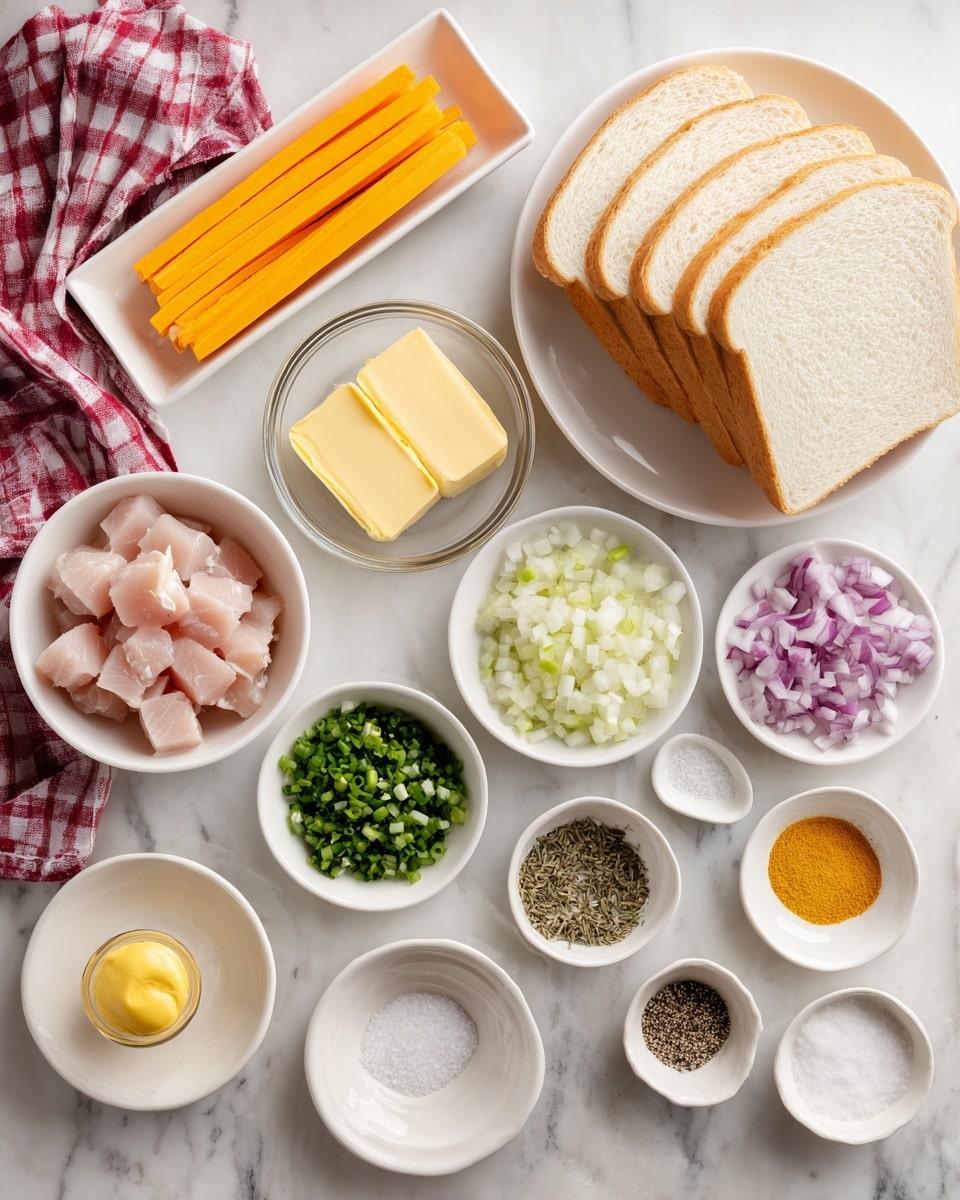 The image shows a collection of cooking ingredients arranged on a white marbled surface. At the top right, there is a white bowl stacked with five slices of white bread. To the top left, a long narrow white dish holds several orange cheese sticks standing upright. Below the bread, a small glass bowl contains two yellow butter slices. In the center, there is a white bowl filled with tuna chunks. Surrounding these bowls are small white plates and dishes with various seasonings and chopped vegetables, including finely chopped purple onions, chopped green celery, a small green relish, black pepper, salt, dried herbs, mustard powder, and a small dollop of a yellow paste. There are also small portions of pale yellow creamy sauce, a bit of oil, and two white dishes with black pepper and salt next to each other. A red and white checkered cloth is partially visible at the top left corner. The arrangement is clean and orderly, ready for cooking. photo taken with an iphone --ar 4:5 --v 7