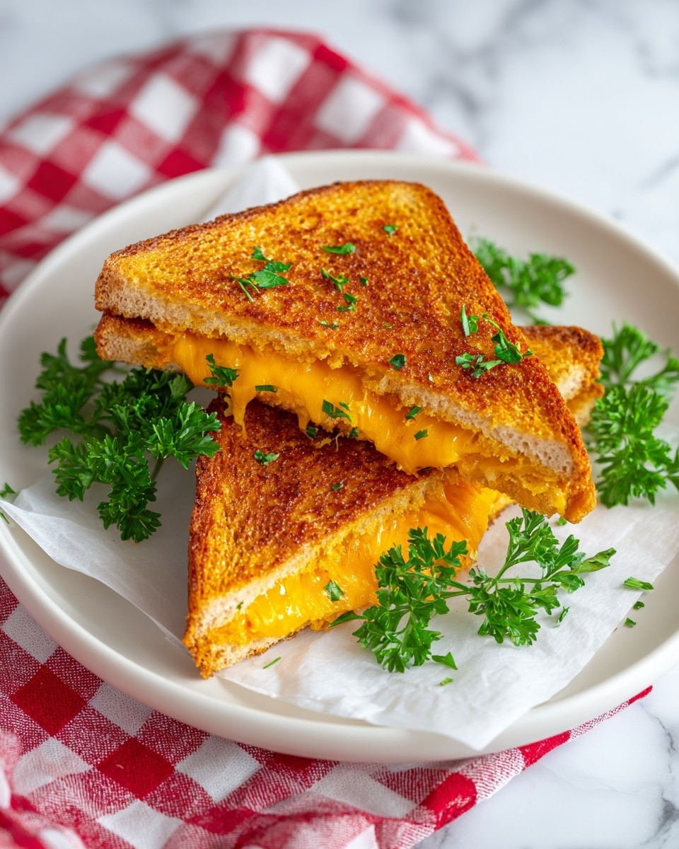 A toasted sandwich sits on a white plate with a white marbled surface beneath. The sandwich has two square slices of crispy brown toast, slightly darker at the edges. Between the toast slices, there are two visible layers: the top layer is creamy white with small green and purple bits, looking like a salad or creamy filling, and the bottom layer is melted orange cheese that slightly oozes out from the sides. The sandwich is centered on the plate with a small dollop of yellow mustard close by and a red and white checkered cloth partially visible in the top left background. Photo taken with an iphone --ar 4:5 --v 7