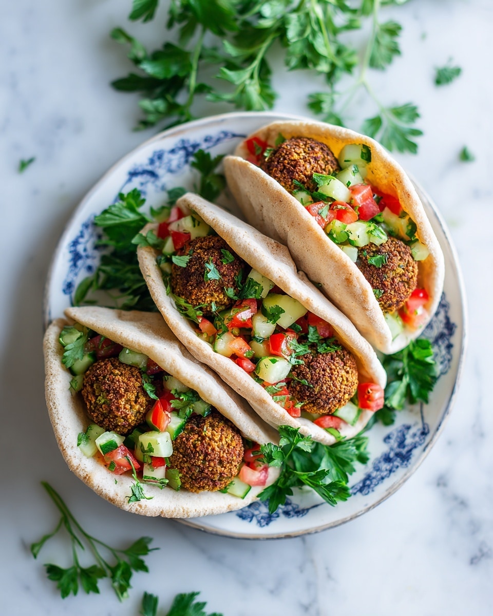 A close-up image shows a woman's hand holding a half-eaten falafel. The falafel has one visible layer: a crispy, dark brown outer crust with a rough texture surrounding a bright green, crumbly inside filled with small green herbs. The background features a white marbled texture with blurred shapes. Photo taken with an iphone --ar 4:5 --v 7