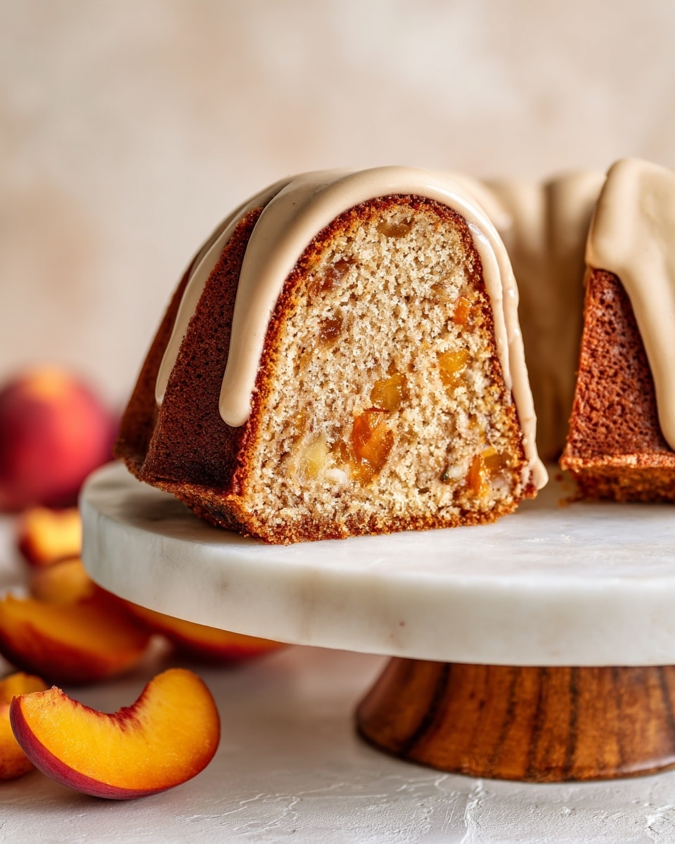 A close-up of a slice of bundt cake with three layers: the outer brown crust, the light tan inner cake with visible pieces of orange fruit embedded in the middle layer, and a smooth light beige icing layer covering the top outside edge of the cake. The cake is placed on a white marble cake stand with a wooden base, with some peach slices in the foreground on the left. The background has a soft, light cream tone with a white marbled texture surface below. photo taken with an iphone --ar 4:5 --v 7