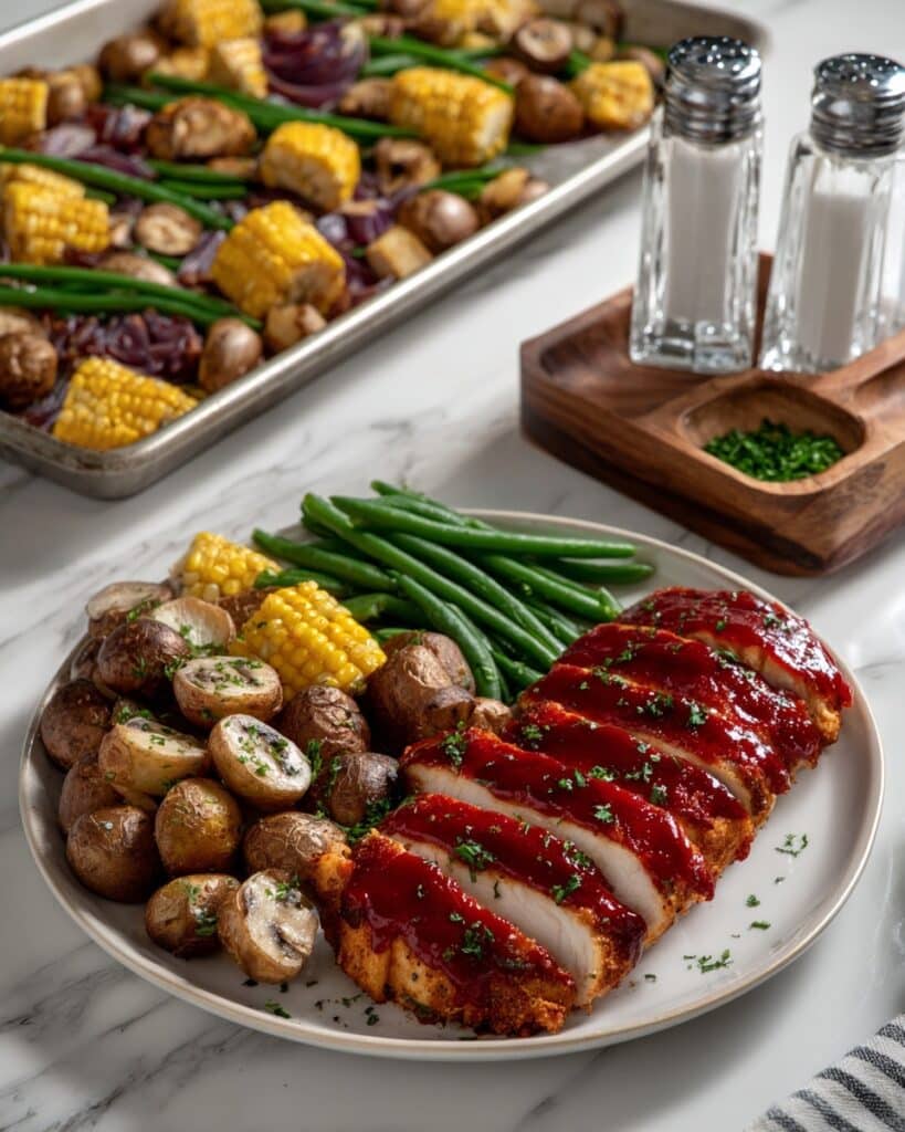 Sheet Pan BBQ Chicken with Potatoes, Green Beans, and Corn Recipe