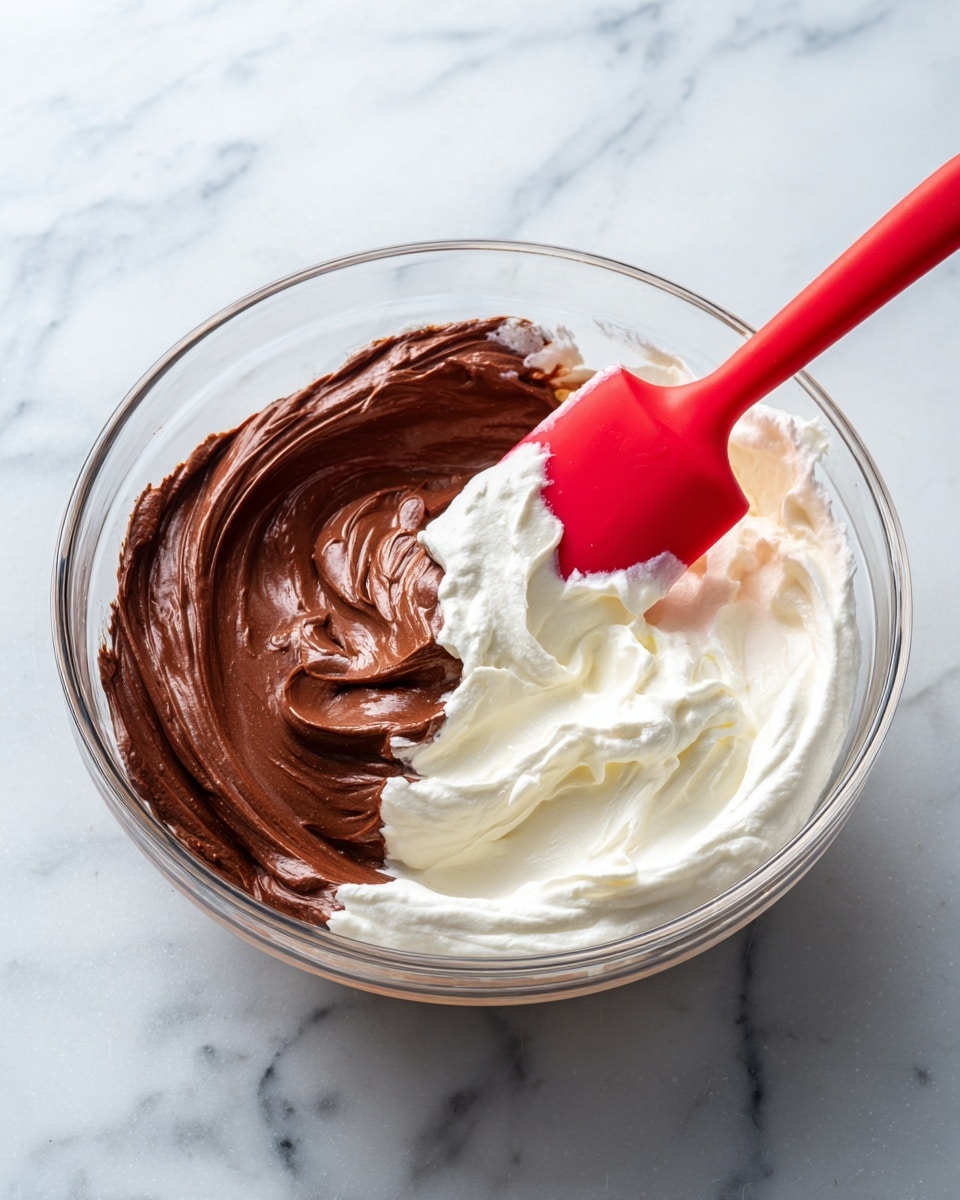 The image shows a clear glass bowl on a white marbled surface containing two layers of soft, creamy mixtures. The first layer is a rich, dark brown chocolate mousse texture, thick and glossy, positioned on the left upper side of the bowl. The second layer is white whipped cream, fluffy and smooth, located on the lower right side of the bowl. A red silicone spatula with a flat edge is placed in the bowl, partly covered in white whipped cream, resting diagonally from the lower left side toward the middle of the bowl. photo taken with an iphone --ar 4:5 --v 7