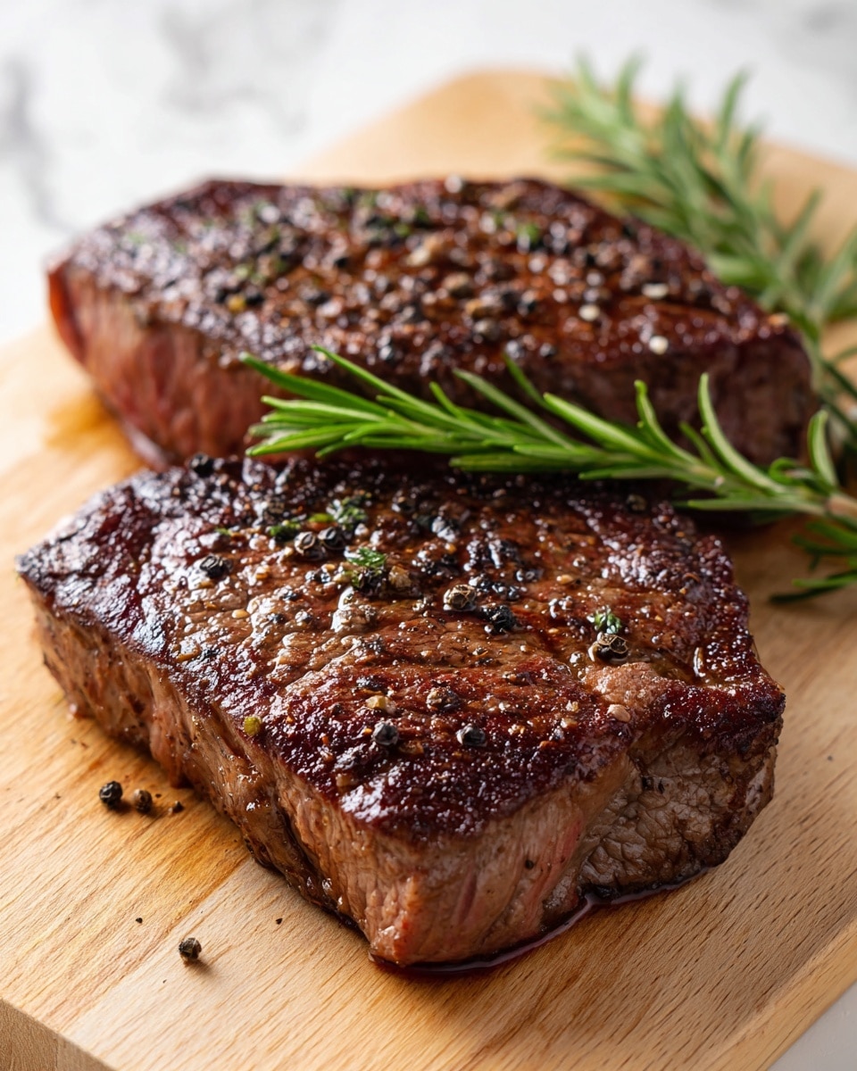 Two thick, cooked steaks with a dark brown, seared surface covered in small black pepper bits, resting on a light wood board. The steaks have a slightly shiny, juicy texture with visible meat fibers and some lighter fat edges. On the top right side, a green sprig of rosemary is placed, adding a fresh touch. The background shows a white marbled texture. photo taken with an iphone --ar 4:5 --v 7